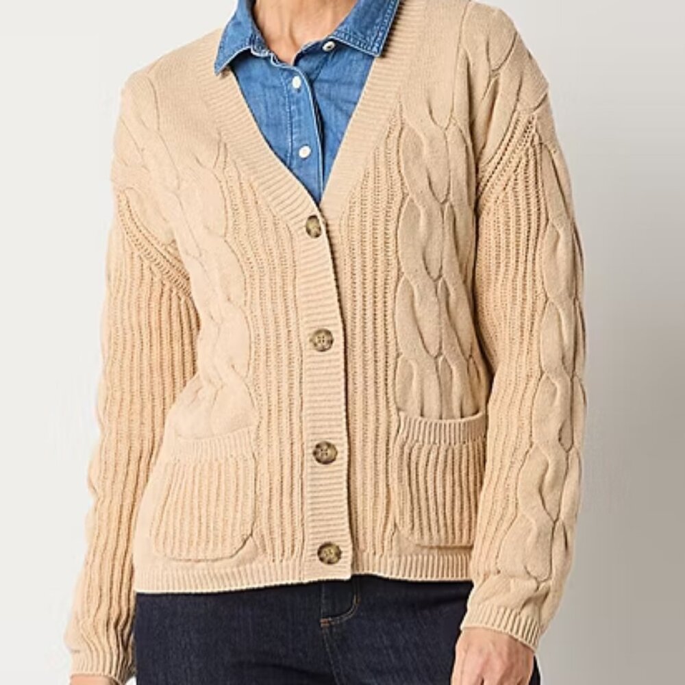 NWT St. John's Bay Women's V Neck Long Sleeve Button Cardigan, Camel Heather